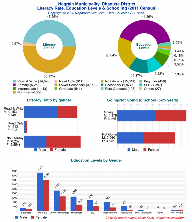 Literacy, Education Levels & Schooling Charts of Nagrain Municipality