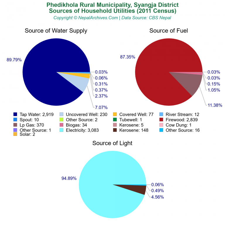 Household Utilities Pie Charts of Phedikhola Rural Municipality