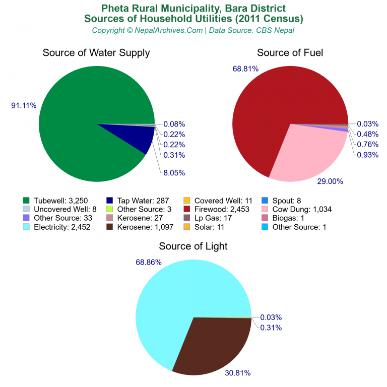 Household Utilities Pie Charts of Pheta Rural Municipality