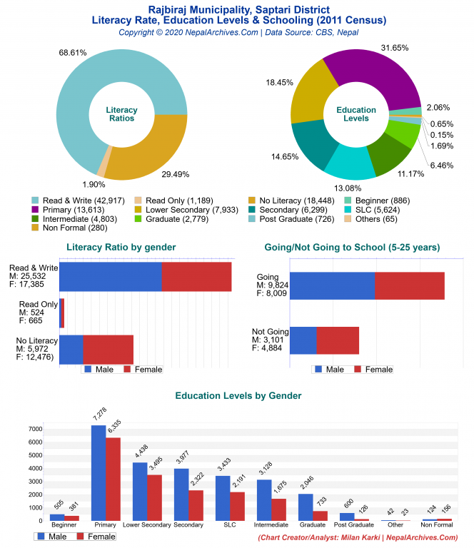 Literacy, Education Levels & Schooling Charts of Rajbiraj Municipality