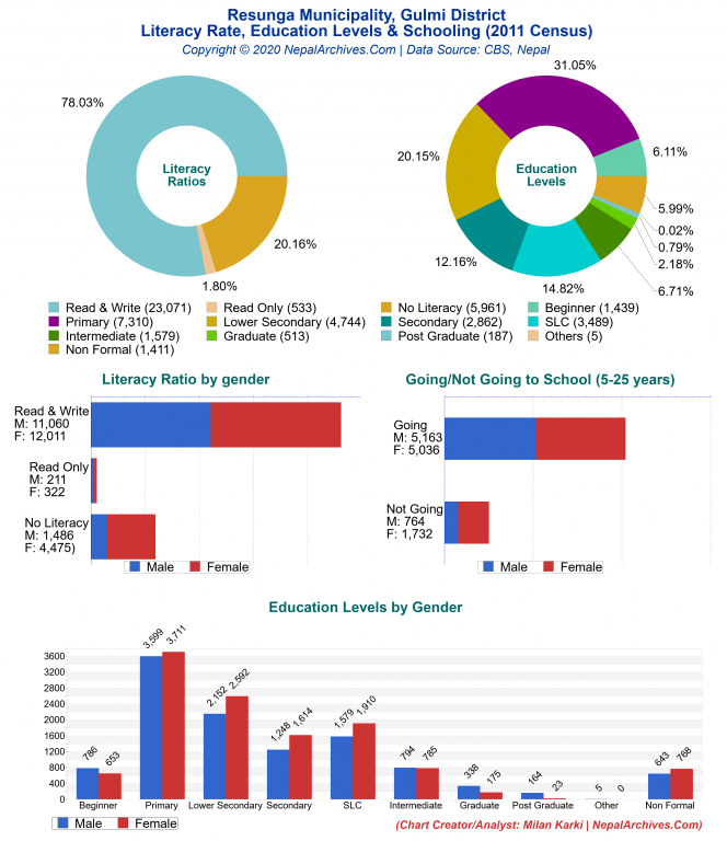 Literacy, Education Levels & Schooling Charts of Resunga Municipality