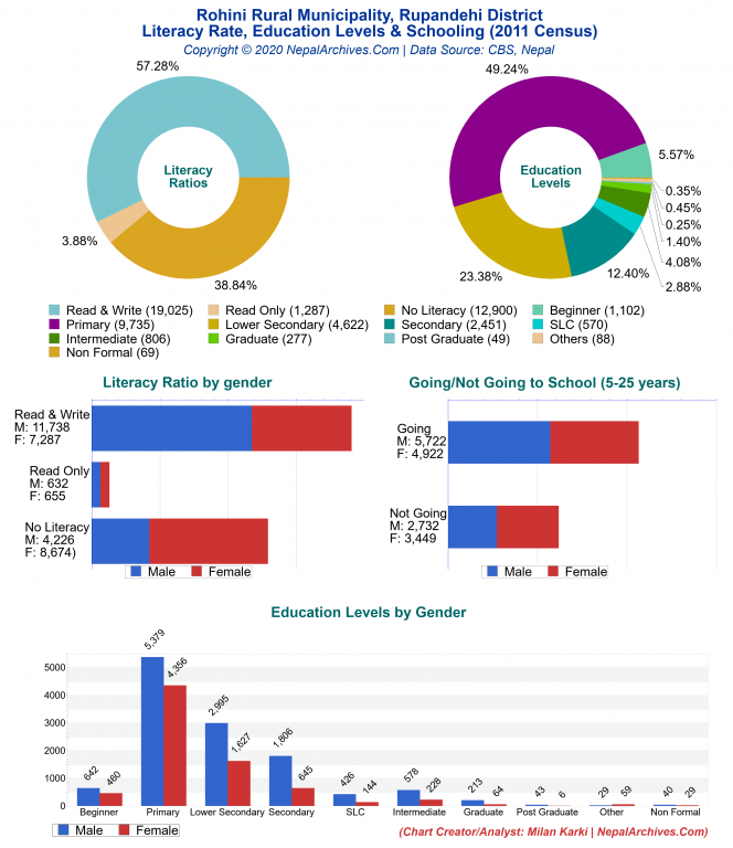 Literacy, Education Levels & Schooling Charts of Rohini Rural Municipality