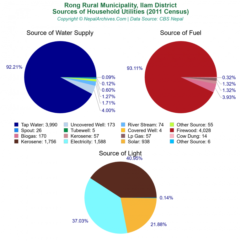 Household Utilities Pie Charts of Rong Rural Municipality