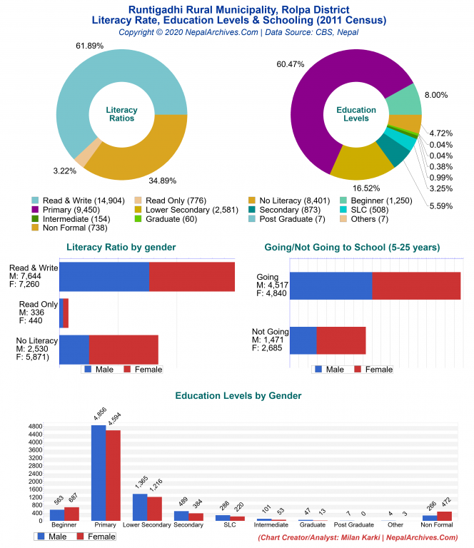 Literacy, Education Levels & Schooling Charts of Runtigadhi Rural Municipality