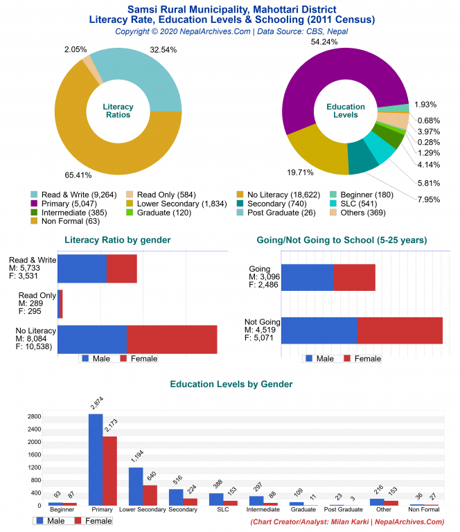 Literacy, Education Levels & Schooling Charts of Samsi Rural Municipality