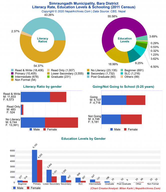 Literacy, Education Levels & Schooling Charts of Simraungadh Municipality