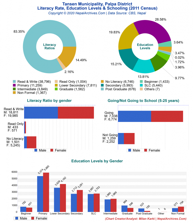 Literacy, Education Levels & Schooling Charts of Tansen Municipality