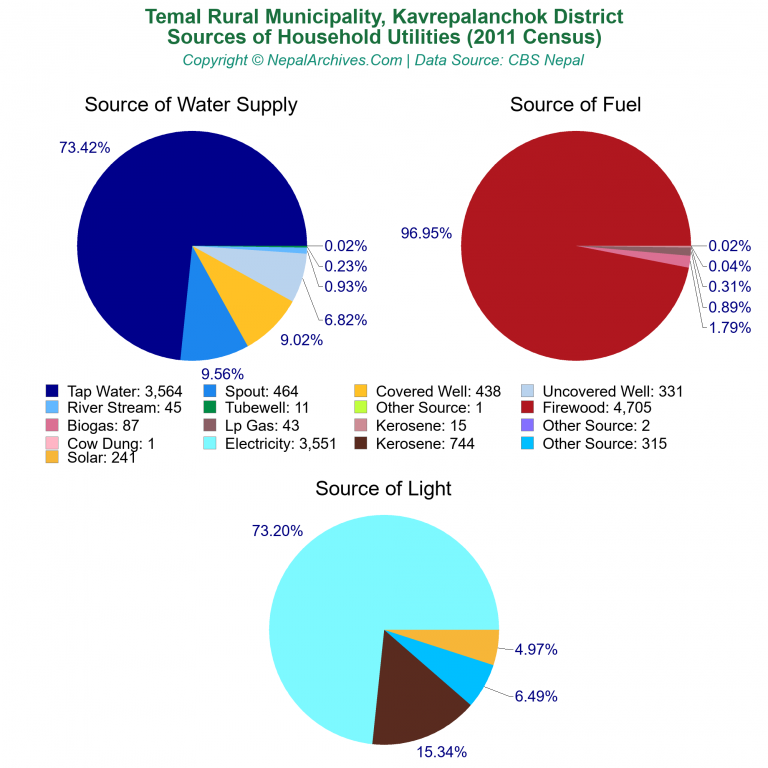 Household Utilities Pie Charts of Temal Rural Municipality